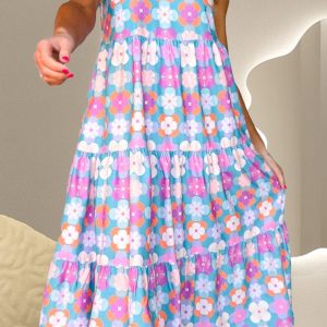 Lacey Frill Printed Notched Sleeveless Dress